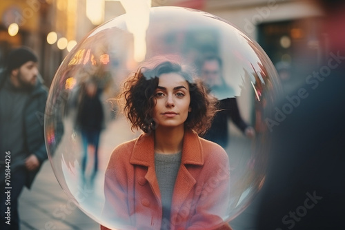 Woman inside a big soap bubble, introvert, loner, living in solitude, recluse. Mental health, psychology concept, inner world, shyness, hiding identity, dreaming, antisocial, alone, avoiding people