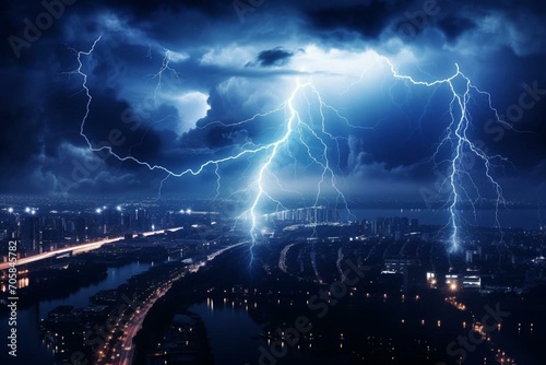 Stunning storm with dark clouds, lightning illuminating night city. Generative AI