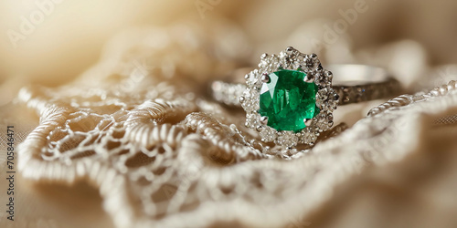 emerald ring on a vintage lace cushion, diamond accents, soft-focus background