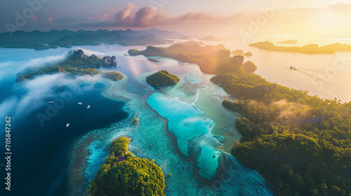 archipelago at sunrise, golden hour lighting, misty atmosphere, turquoise waters