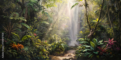 mural of an Amazon rainforest, rich biodiversity, various layers of canopy, rare birds, and vibrant flora, with a hidden waterfall in the background