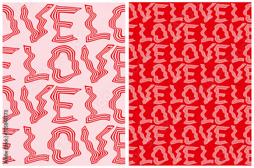 Modern Valentine's Day Vector Seamless Pattern with Red and White "LOVE" Made Of Wavy Lines on a Pastel Pink and Red Background. Abstract Love Print. Set of 2 Simple Romantic Repeatable Designs. RGB.