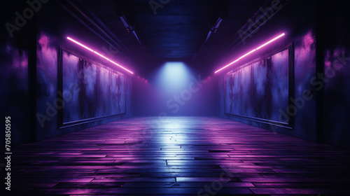Dark room interior with purple glowing neon. Laser linear shape glowing in the dark. Modern corridor or nightclub design. Generative AI