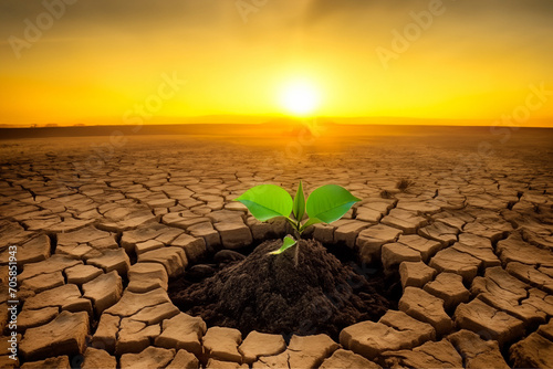 Tree in dry cracked land. Green young plant in cracked soil. Green plant growing in dry cracked ground. Growing tree in dry soil in desert. Nature recovery, climate change. Plant in dry cracked soil