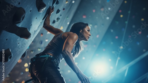 Fit young woman climbing wall in gym. Sportswoman during intense climbing session in an indoor climbing centre.