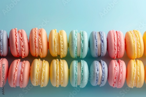 colorful macaroons on a blue background, Sweet elegance: Assorted macarons in soft, inviting colors background