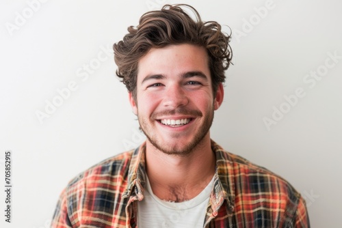 Charming portrait of an American man, charismatic and approachable, white background