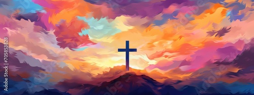 Vibrant Expression of Faith: A Digital Artistic Rendition of the Cross at Sunset - Generative AI