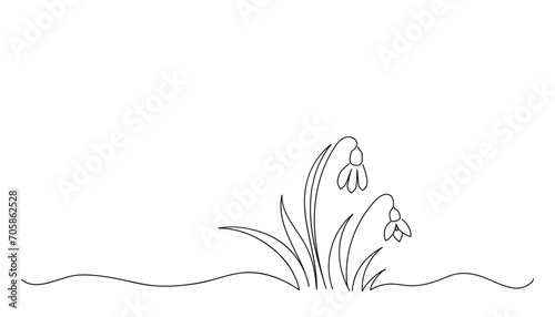Abstract snowdrops drawn by one line. Sketch of the first flowers of spring. Continuous line drawing botanical art. Creative vector illustration.