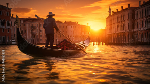 A traditional gondola ride through the canals of Venice at sunset.