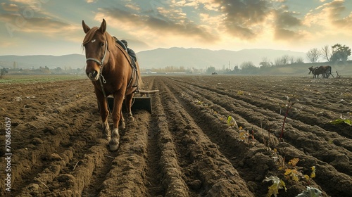 A farmer leading a horse-drawn plow through a field, showcasing traditional and sustainable farming methods. [Horse-drawn plowing]