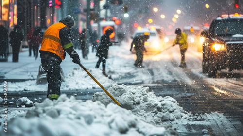 Snow removal in the city, with a focus on a worker in a reflective jacket shovelling snow off the road in a snowstorm, public service of maintaining clear streets.