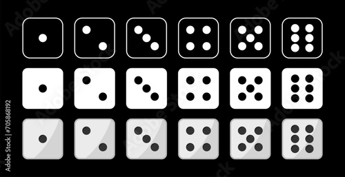 Set of dice for board games in black and white color.