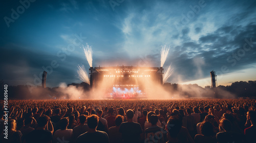 audience at an outdoor concert at stadium arena, Ai generated image.