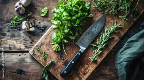 Chef's knife and fresh herbs lie on wooden chopping board.