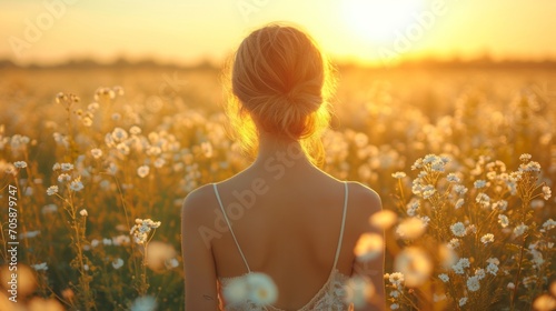 Frau mit weißem Kleid läuft durch ein Blumenfeld im Sonnenuntergang, Modell im Blumenfeld