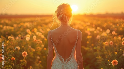 Frau mit weißem Kleid läuft durch ein Blumenfeld im Sonnenuntergang, Modell im Blumenfeld