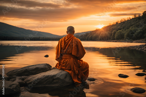 A photo of a monk in orange robes sitting on a rock in a lake at sunset, with the sky and the water reflecting the warm colors.