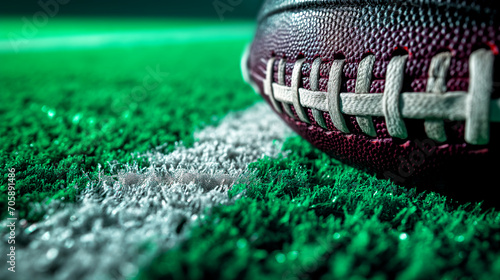 close-up of an American football on green artificial turf, focusing on the texture and laces of the ball with a blurred background