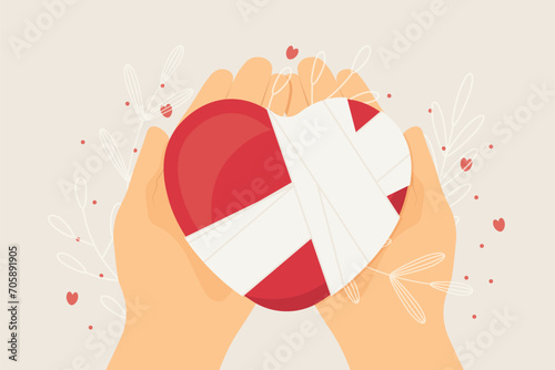 heart with bandage on opened hands; unhappy love, Valentine's Day concept - vector illustration