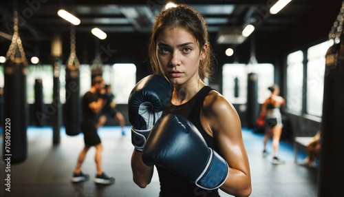 Focused teenage female boxer training for a competition