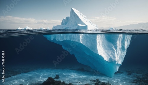 White iceberg floating in ocean, half underwater view, hidden danger and global warming concept