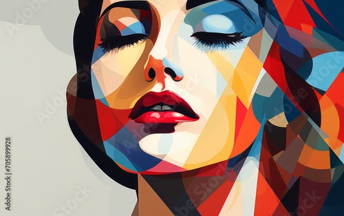 volto femminile astratto dalle colorazioni geometriche, colori primari