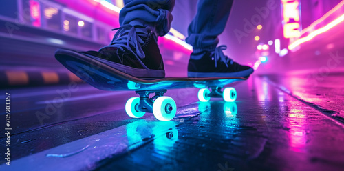 retrowave scene with a guy using a skateboard, purple neon palette mood, urban scene