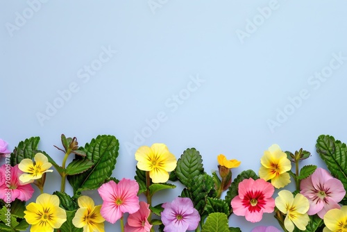 Colorful primrose flowers border on a pale blue background. Vibrant spring concept. Design for seasonal banner, invitation, greeting card. Top view, flat lay composition with copy space