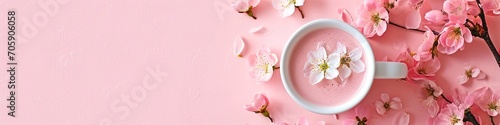 White sakura latte in cup on pink surface with cherry blossoms. Panoramic still life photo. Springtime and café concept. Design for banner, header with copy space. Spring composition with flowers