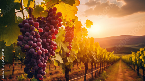 vineyard. grapes beautiful sunset.Generative AI