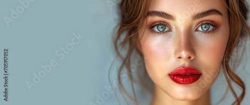 Beautiful woman with fresh permanent makeup for lips, beauty studio shot