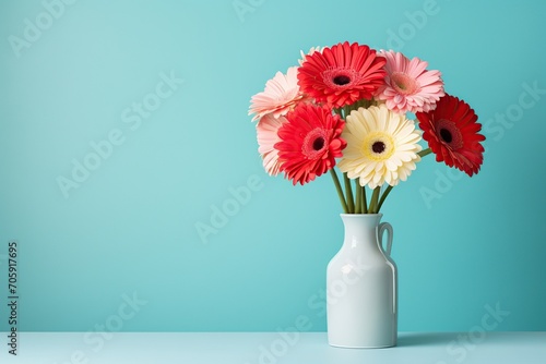 Bouquet of gerbera flower in vase on blue background