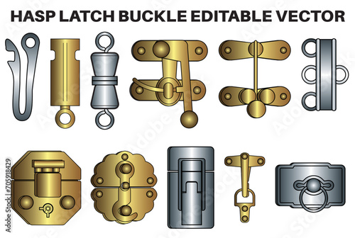 Hasp latch buckle flat sketch vector illustration set, different types of hasp latch lock for jewellery box accessories cad drawing