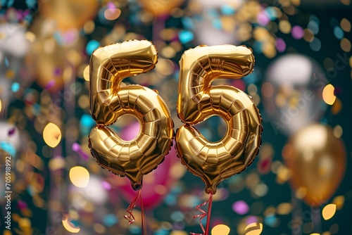 55. Geburtstag, "55" aus goldenen Heliumballons, festlicher Hintergrund