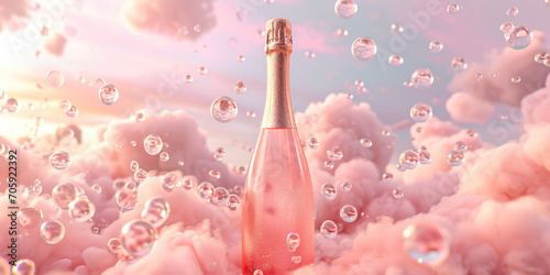 Pink champagne bottle with clean label for product design against pastel fluffy clouds and sky. Creative concept of pink sparkling wine. 3d render illustration. 