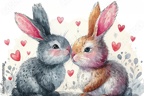Charming Gray and Pink Bunnies Sharing a Heart, Watercolor Texture, Valentine's Theme with Love Motifs