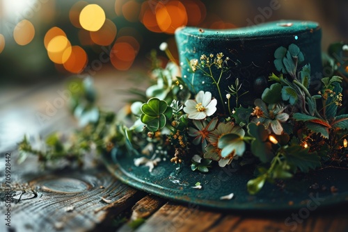 Green ceramic cup with wildflowers on a rustic wooden table. Saint Patrick's Day Concept with Copy Space.