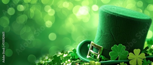 St. Patrick's day background with green clover and leprechaun hat. Saint Patrick's Day Concept with Copy Space.