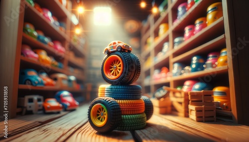 Colorful toy tires lined up, bright light, playful look. The sun shines warmly in the cozy toy store with neat tire rows.