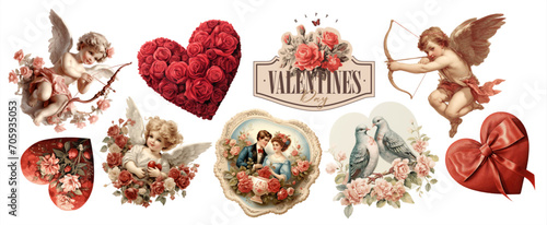 Happy Valentine's Day. Vector vintage illustrations in Victorian style of heart, cupid, birds doves, red rose, flowers, logo, couple of lovers man and woman in frame for greeting card or invitation