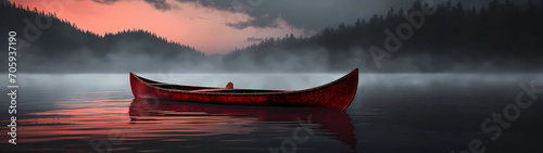 Ultra-wide tranquil and picturesque vista where an empty canoe peacefully rests on the serene waters of a misty lake bathed in the warm hues of a sunset, with silhouetted trees standing majestically