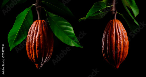 Cocoa pod with leaves isolated on black background