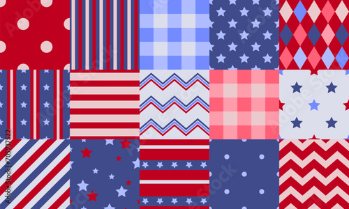 Seamless patterns set. Blue USA background with stars and red and white stripes. Patriotic background for Memorial day, Veteran's day, Martin Luther King Day and Columbus Day, Independence holiday
