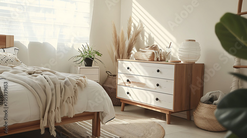 Wooden drawer chest against window. White nightstand near wooden bed. Minimalist boho interior design of modern bedroom