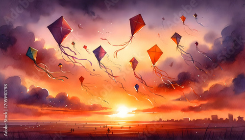 Watercolor illustration of flying kites at sunset.