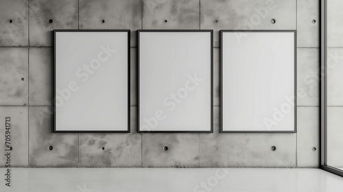 Three frames hanging on a rough concrete wall mockup 