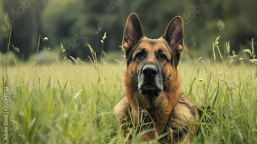 Alert German Shepherd on patrol in a grassy field, embodying the essence of a working dog