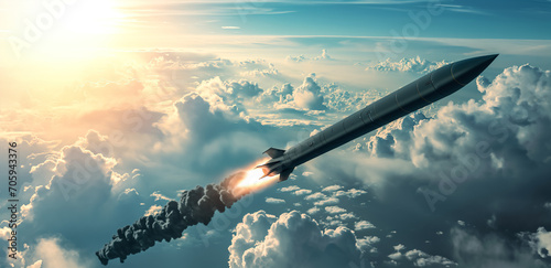 Hypersonic missile. A combat rocket is flying above the clouds. Missile attack, air attack, war, missile strike.