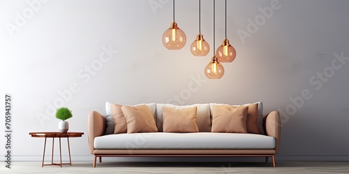 Minimalistic living room with a sofa, copper table, and chandelier in a real photo.